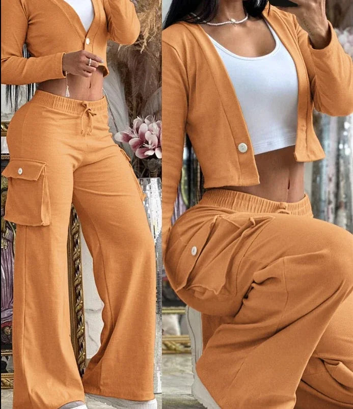 Fashion and Elegant Autumn Cardigan Long Sleeve Coats Drawstring Pants