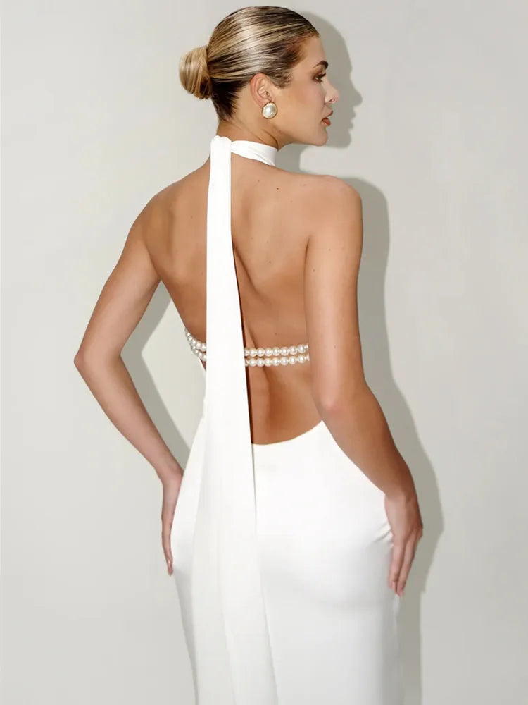 2024 Chic Sexy Backless Halter Pearl Black White Maxi Long Bodycon Dress
