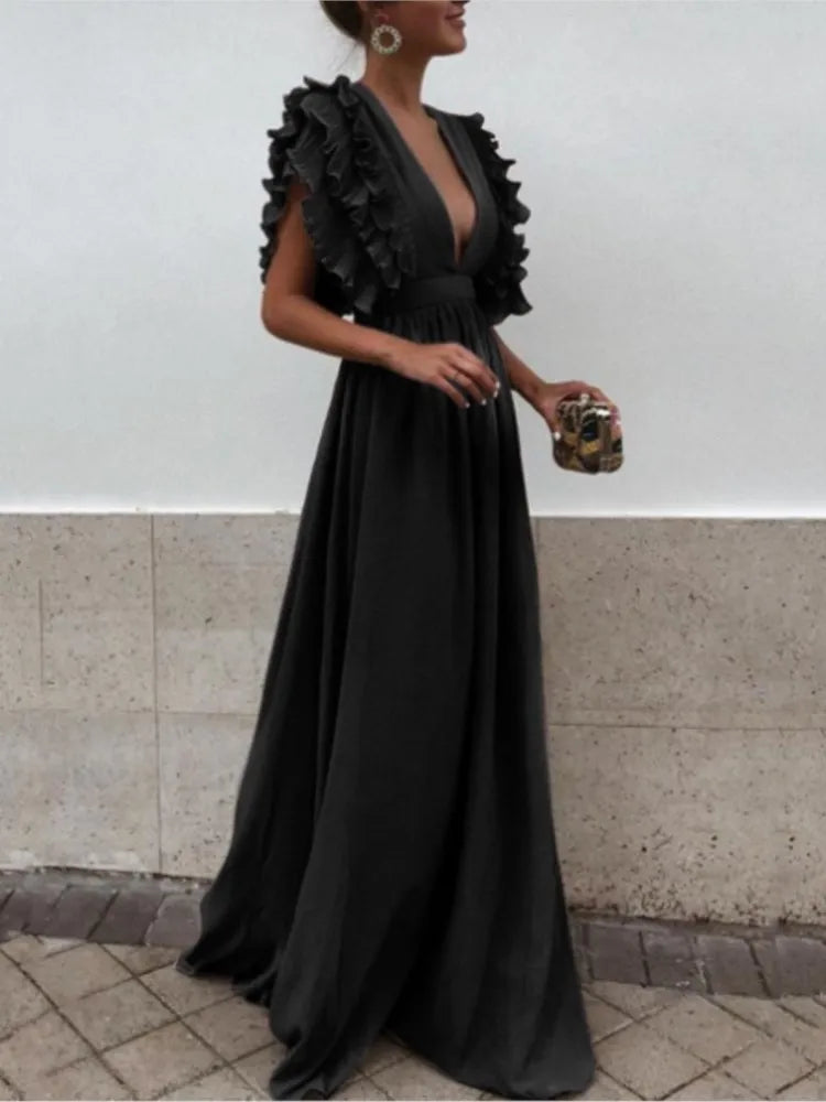 Sexy Deep V-neck BacklessFlying Sleeve High Waist Big Swing  Dresses