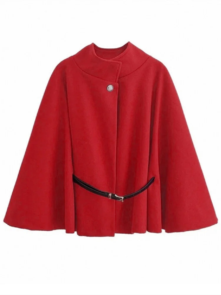 Elegant Woolen Cape Coat for Women – Belted, Fitted Waist, Winter Chic One-Piece