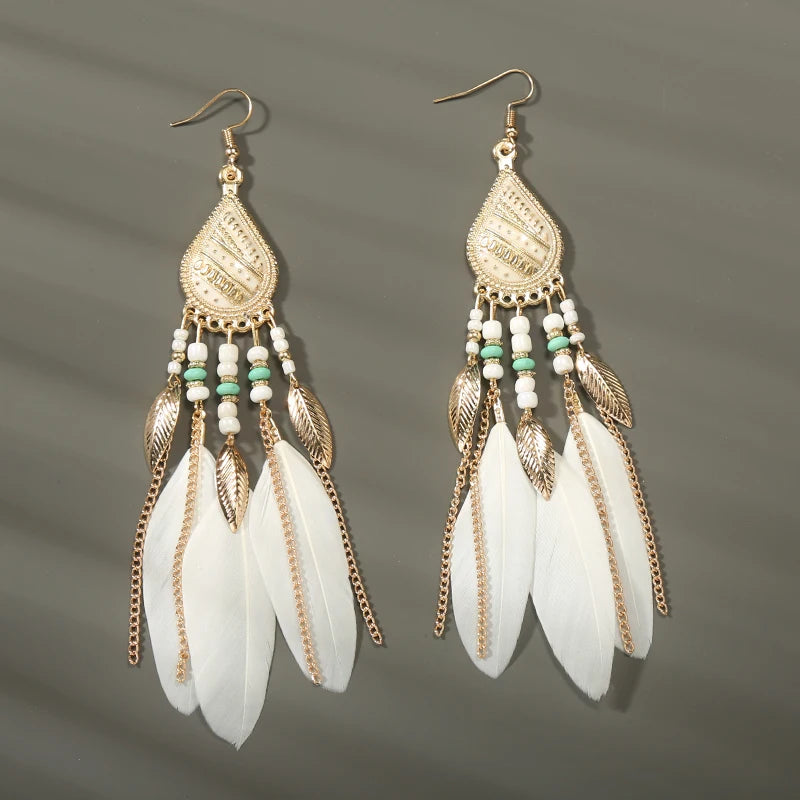Boho Long Feather Dangle Earrings – Handmade Tassel & Enamel Flower Statement Jewelry for Women