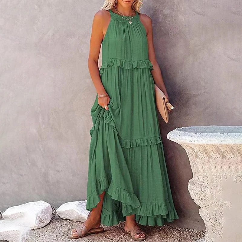 Women’s Elegant Ruffle Maxi Sundress – Sleeveless Summer Beach &amp; Party Dress