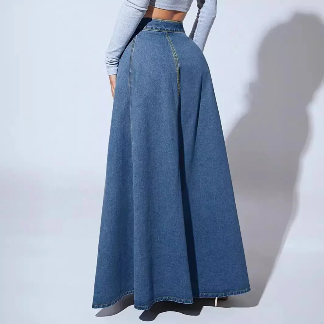 High Waist Jeans Vintage Maxi Denim Skirt