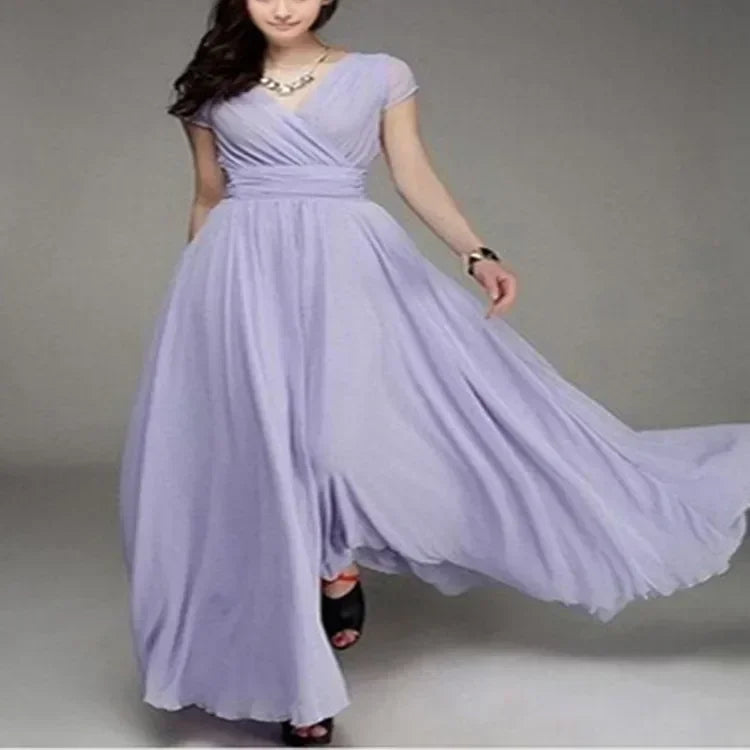 2025 Women's V Neck Short Sleeve Evening Party Dress Temperament Solid Colour Long Cocktail Chiffon High Waist Summer Dresses