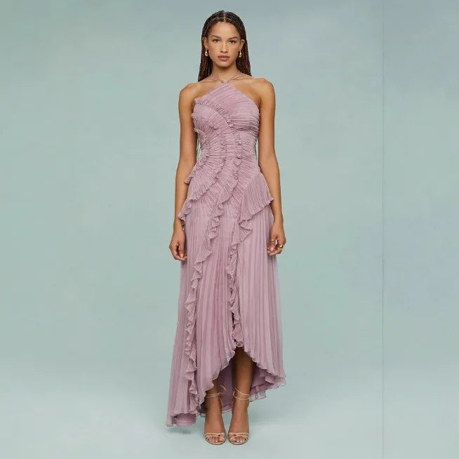 Chic Pleated Halter Neck Long Vacation Dress