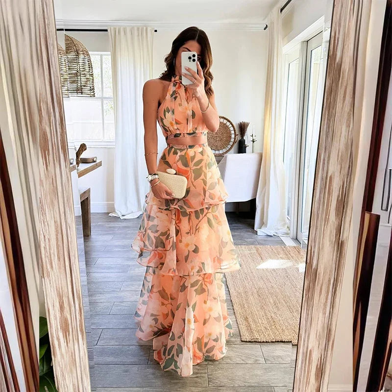 Summer Vacation Casual Sleeveless Top and Sweet Printed Ruffles Cake Long Skirt Set