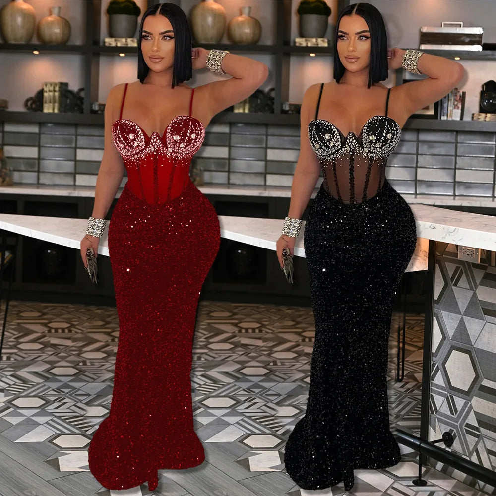 Sexy Mesh Velvet Diamonds Sequin Patchwork Long Dress