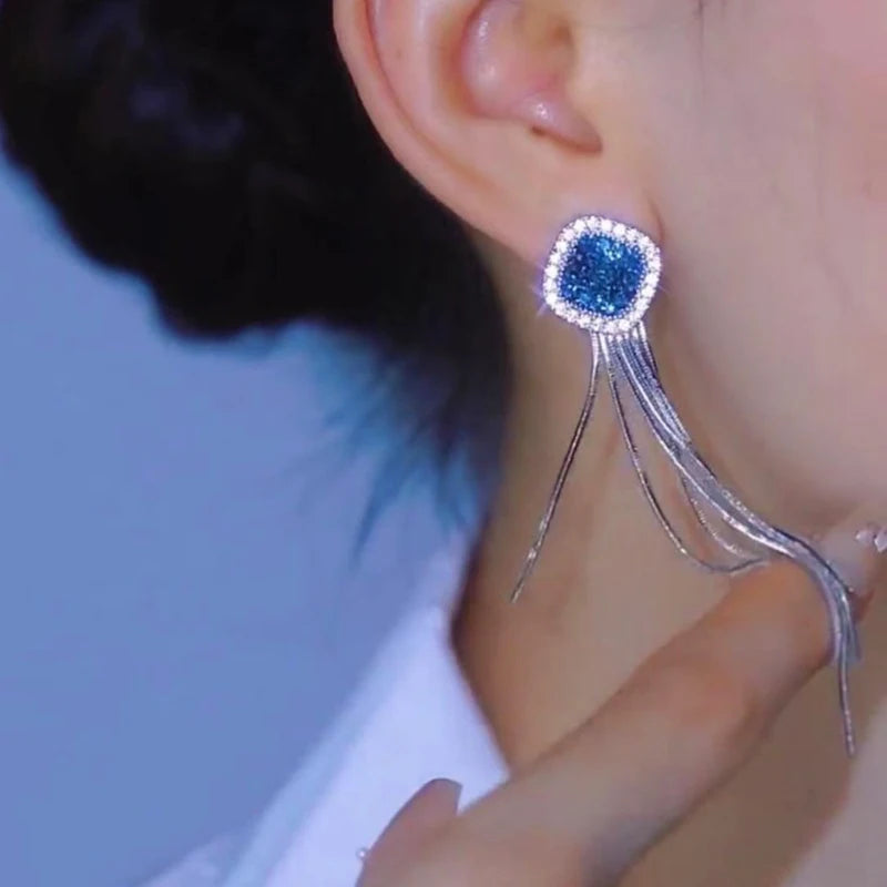 Square Blue Zircon Long Tassel Stud Earrings – Elegant Sparkle for Every Special Moment