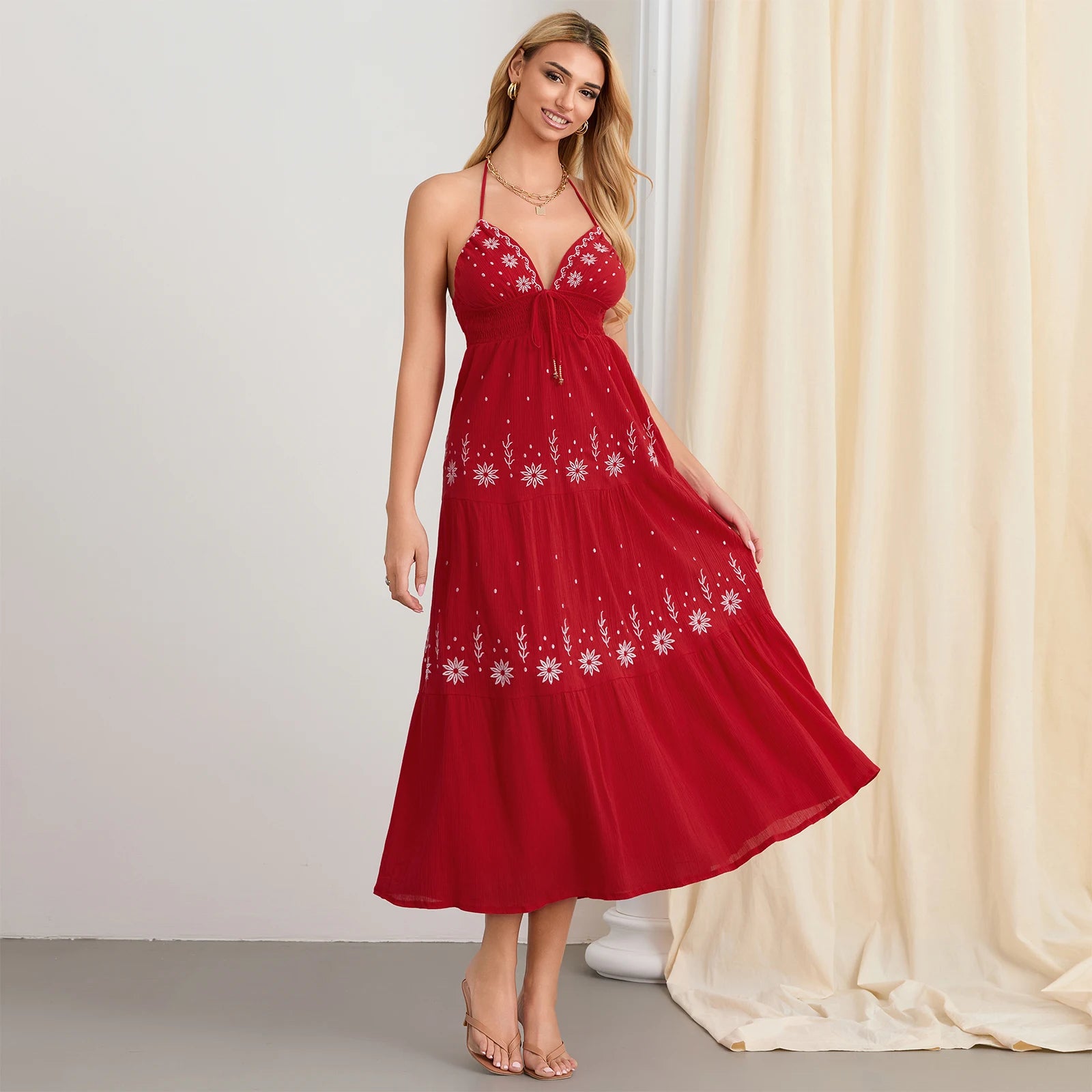 Summer Casual Flower Embroidery Tie-Up Halter Neck Sleeveless Dress