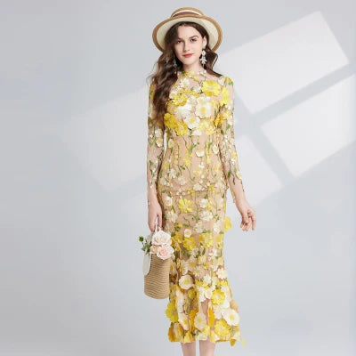 Summer High-end Embroidery Lace 3D Flower Short Sleeve Long Dress