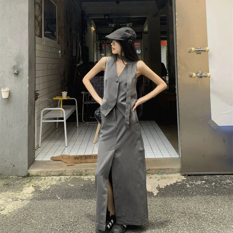 Retro Grey Sleeveless High Waist Split Skirt Fashionable Two-Piece