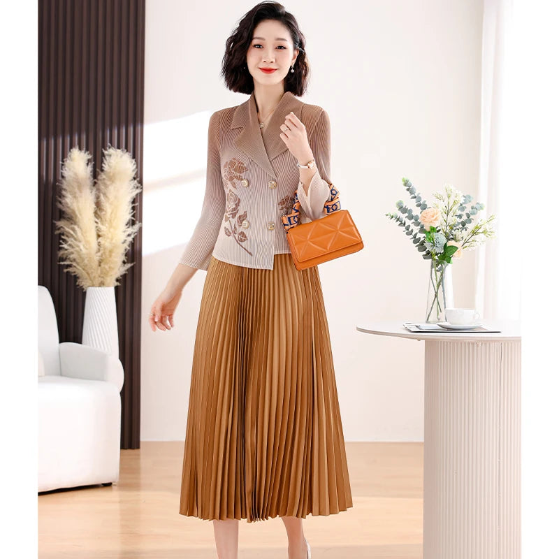 Spring New Suit Collar Flower Print Temperament Waist Wrap Gradient Fake Two Piece Pleated Dress