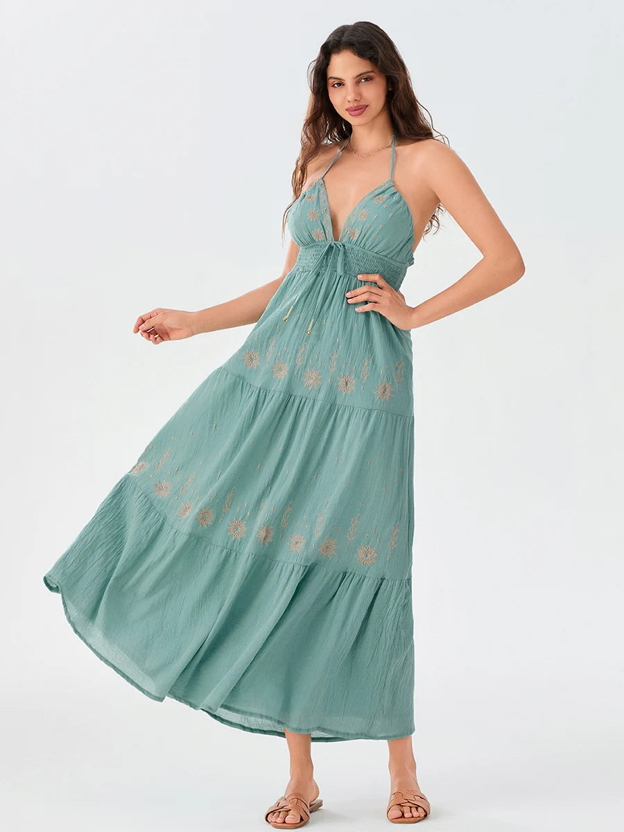 Summer Casual Flower Embroidery Tie-Up Halter Neck Sleeveless Dress