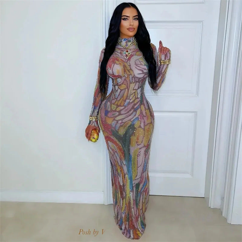 Colourful Tie Dye Print Bodycon Maxi Dress