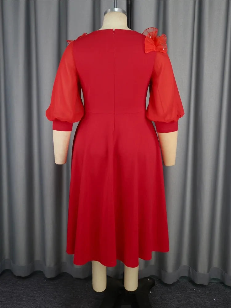 Red Long Sleeve A Line Dress with Peony Lantern Sleeves and Ruffled Flower Design
