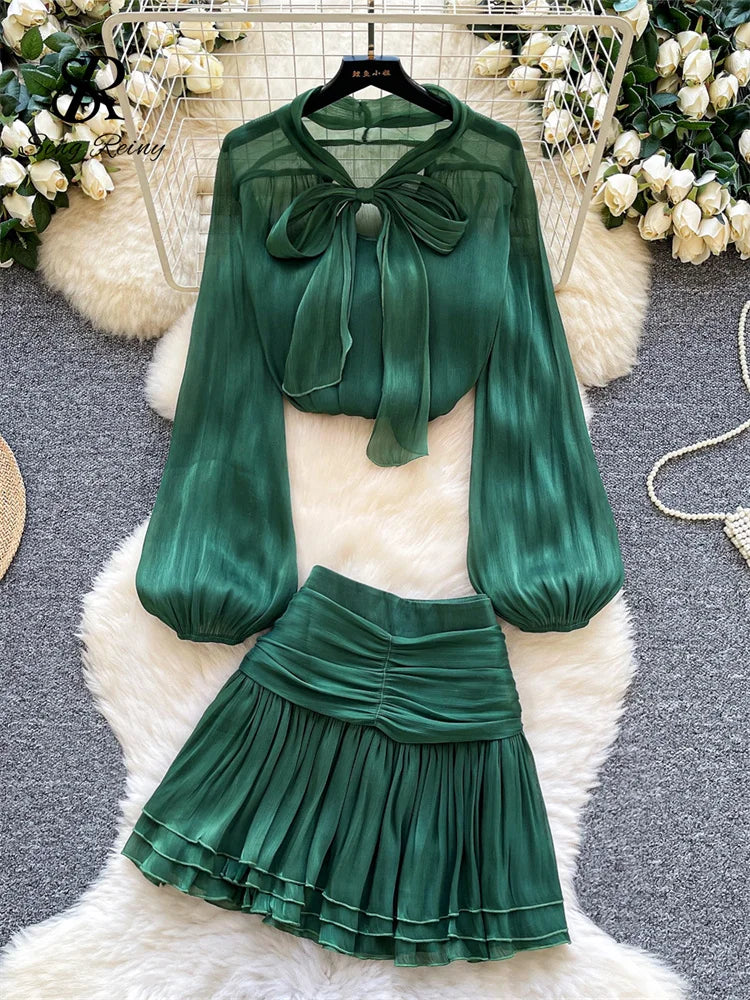 French Style Lace Up Bow Tops+Mini Draped Skirts 2Pcs Sets