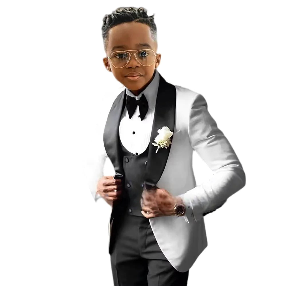 Suit for Boys Wedding Tuxedo – 3 Piece White Jacket, Royal Blue Pants &amp; Vest | Slim Fit Tailored Kids Blazer Set