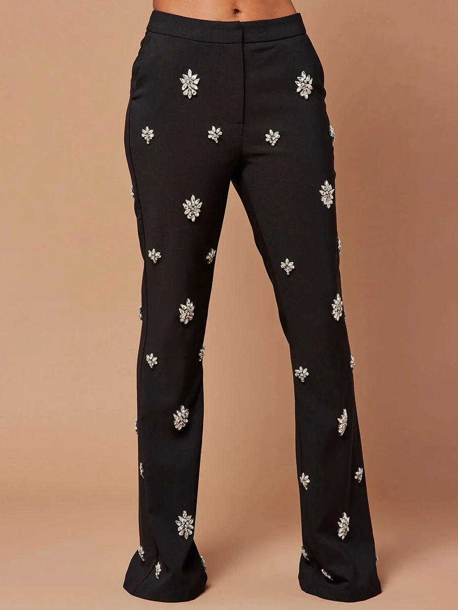 Patchwork Diamonds  Notched Collar Long Sleeve Blazer High Waist Flare Pant Chic Sets