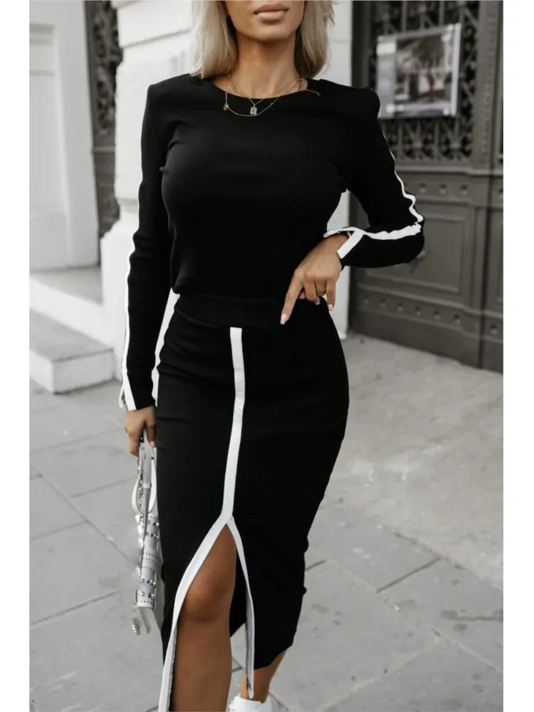 2025 Spring Autumn  Elegant Sexy High Slit Skirts Long Sleeve Matching Sets
