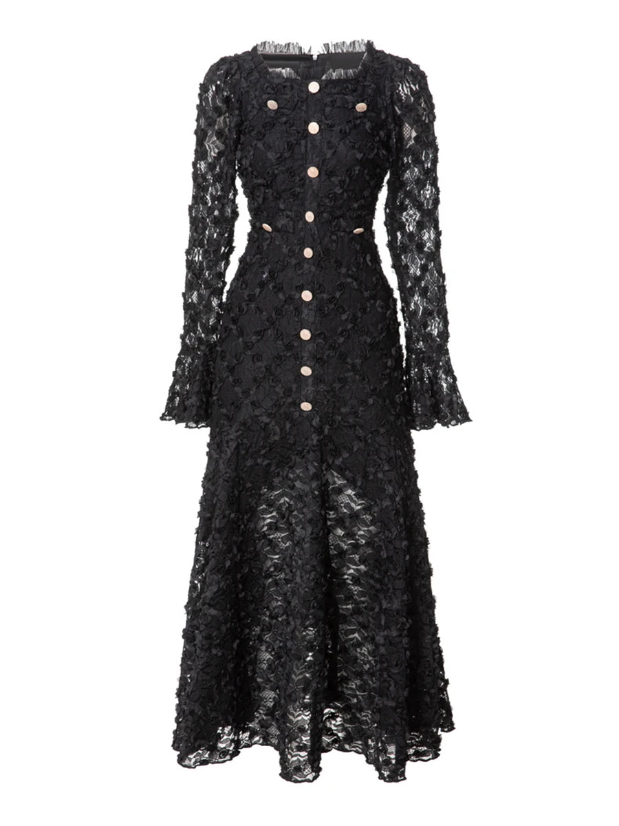 Solid Spliced Button O Neck Long Sleeve High Waist  Dress F