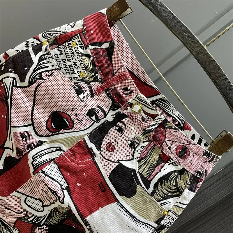 Cute Cartoon Pattern High Waist Denim Skirt