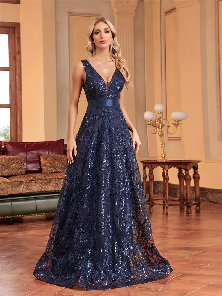 Luxury Sexy Deep V-Neck Sequins B Elegant V-back Wedding Party Long Prom Cocktail Dress