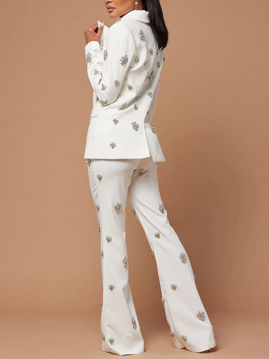 Patchwork Diamonds  Notched Collar Long Sleeve Blazer High Waist Flare Pant Chic Sets