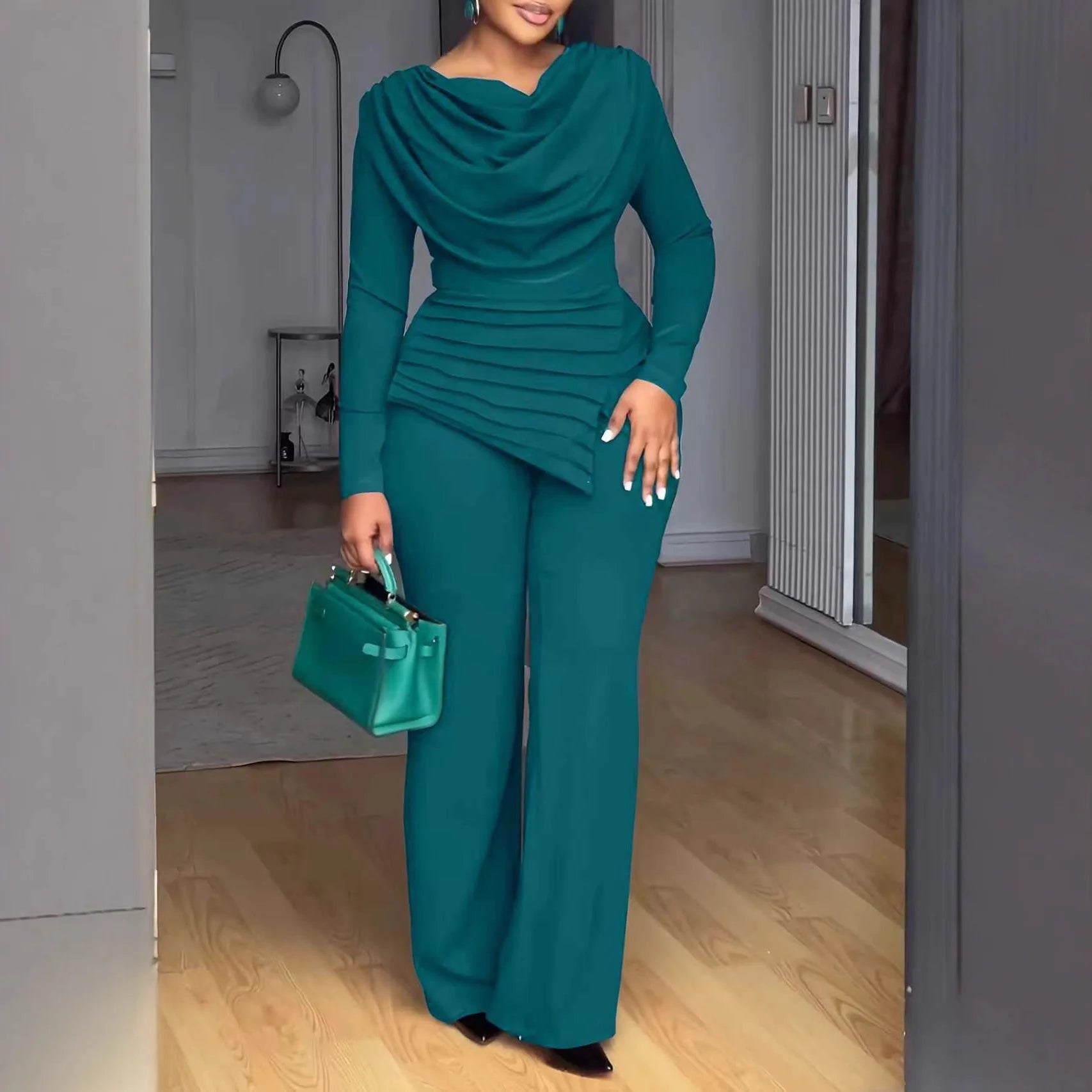 Pleated Round Neck Long Sleeve Top Full Length Waist Slim Casual  Pant Set