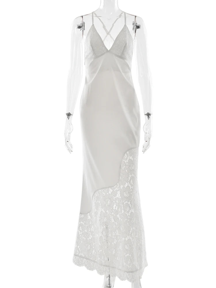 Sexy Satin Lace Patchwork Long Dress