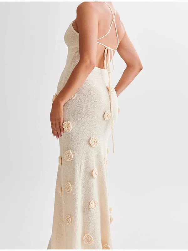 Women's Elegant Knitted Floral Camisole Long Dress Backless Slim Fit Retro Women's Fashion Dress Vacation Casual Chic Beach Look