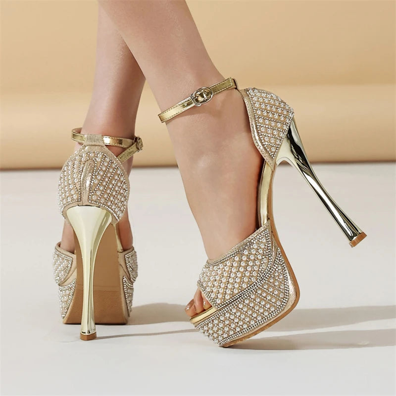 String Beads Buckle Strap Street Style Thin High Heels