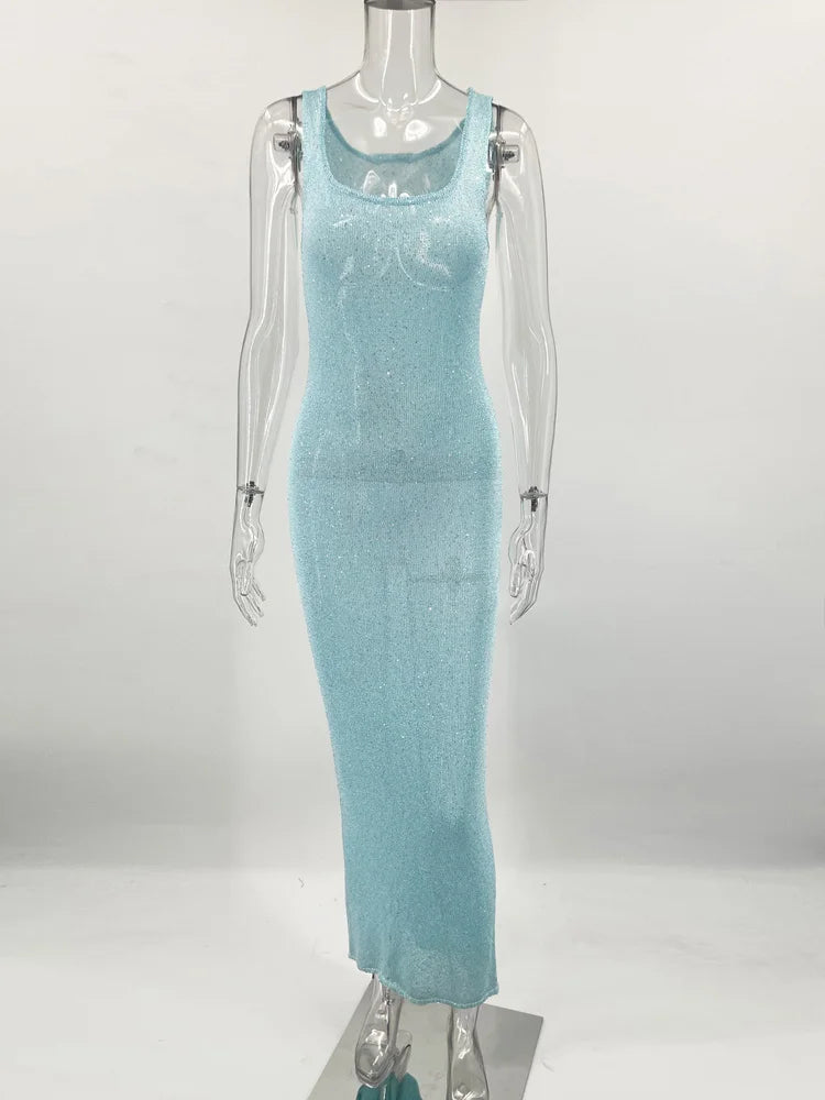 Scoop Neck Backless Glitter See-Through Sexy Patchwork  Maxi Dress