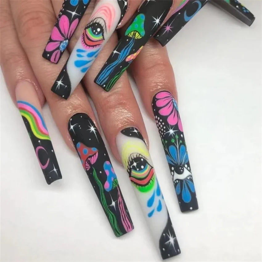 24Pcs/Set French Ballet Fake Nails Art Stars Sky Eyes Wearing False Nails