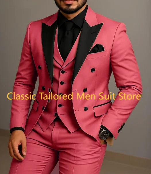 Beige Double Breasted Suit  Black Lapel  Slim Fit Wedding Suit