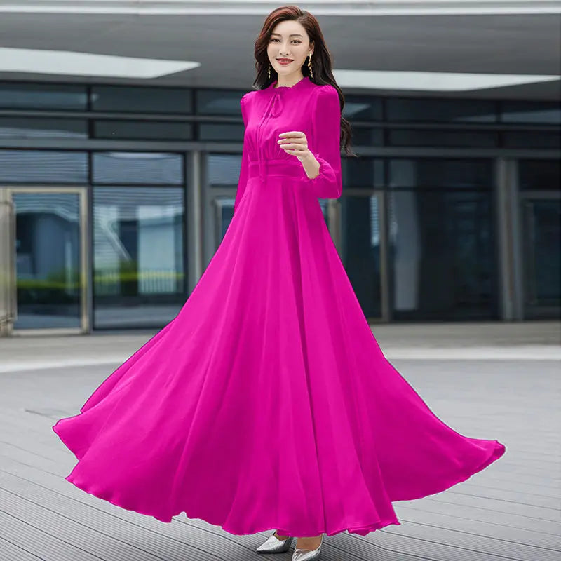 Spring Autumn Fashion Belt Elegant Casual O-neck Long Sleeve Slender Dresses