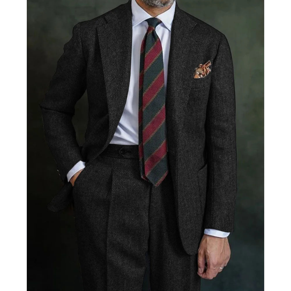 Classic Men’s Three‑Piece Herringbone Suit Set – Blazer, Vest &amp; Pants in Coarse Wool Blend