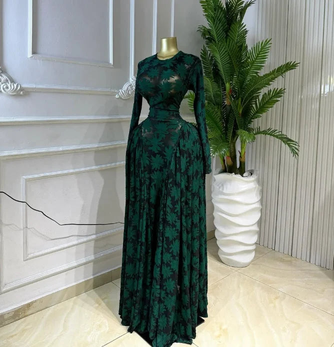 Lace Up O-neck Long Sleeve Big Swing A-line Maxi Dress
