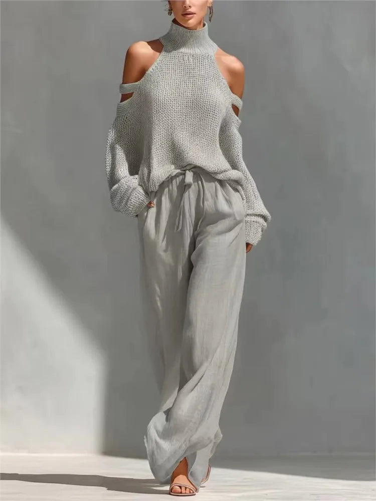 Fashion High Collar Off-Shoulder Knitted 2‑Piece Set – Sexy Hollow Top & Loose Wide-Leg Trousers