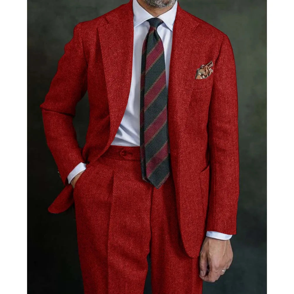 Classic Men’s Three‑Piece Herringbone Suit Set – Blazer, Vest &amp; Pants in Coarse Wool Blend