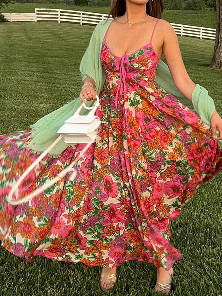 Flower Printed Sleeveless Backless Summer Slip Long Dress