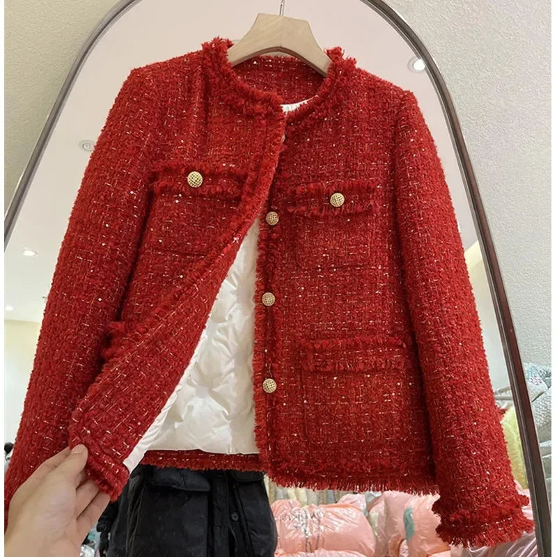 Red Cropped Tweed Coat for Women