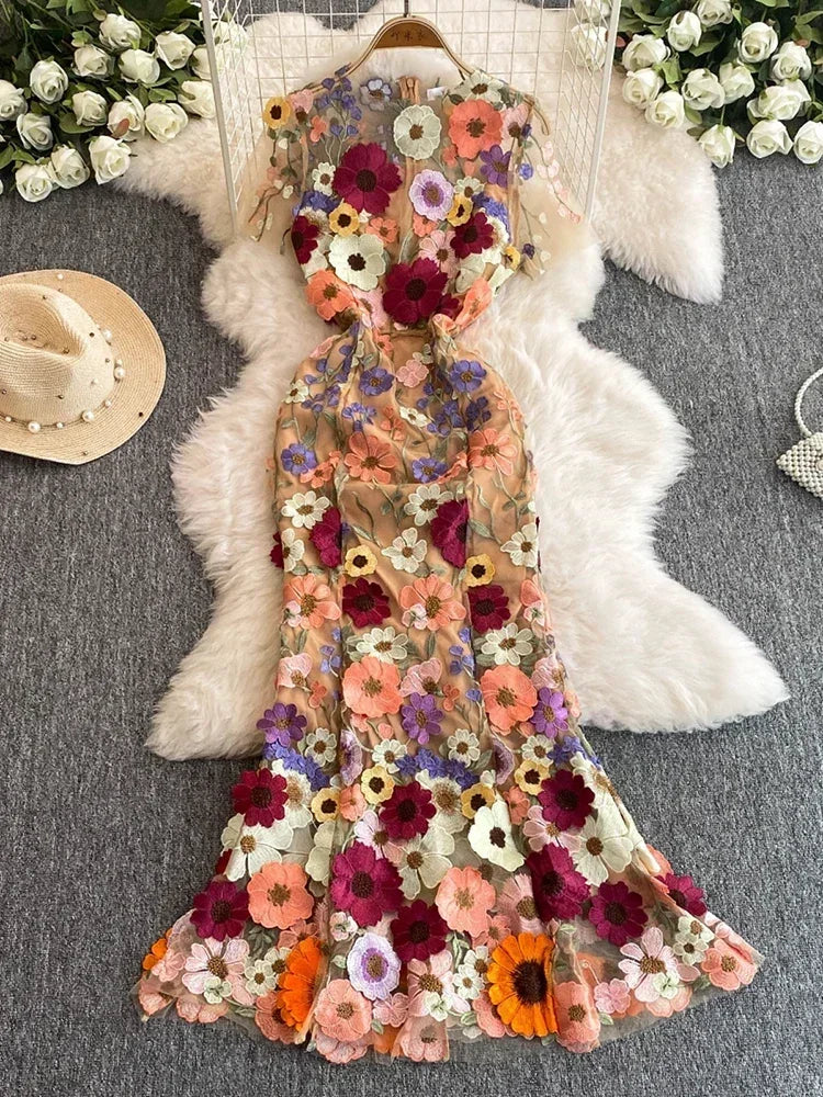 Summer High-end Embroidery Lace 3D Flower Short Sleeve Long Dress