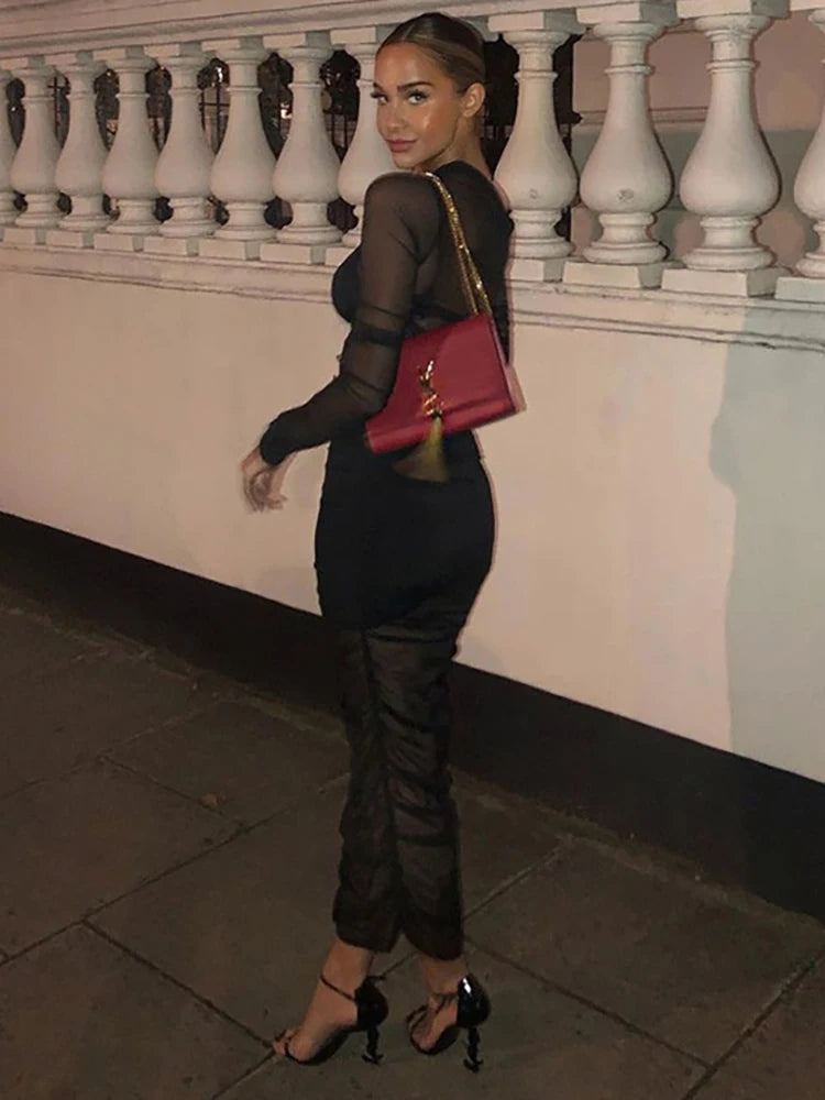 Mesh See Through Sexy Casual Slim Camisole Black Bodycon Skirts