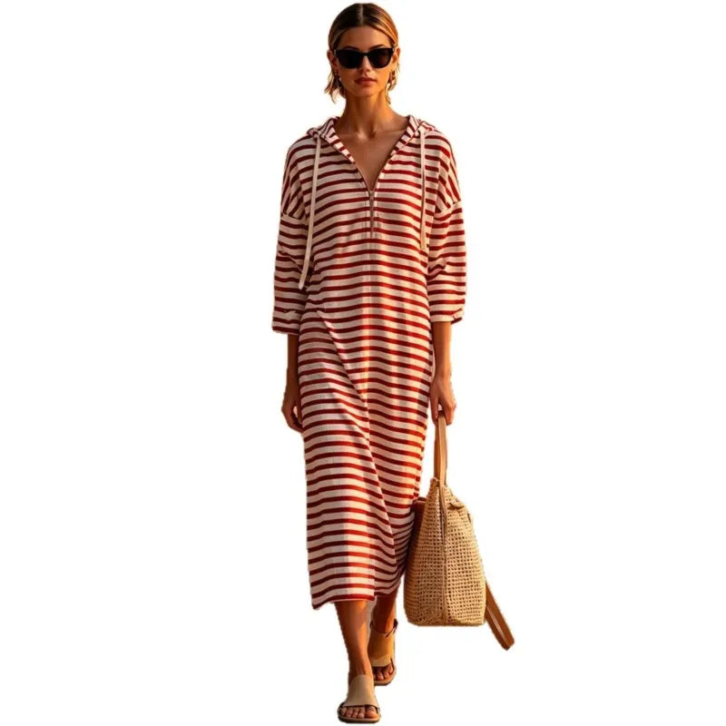 Autumn Striped Hooded Maxi Dress