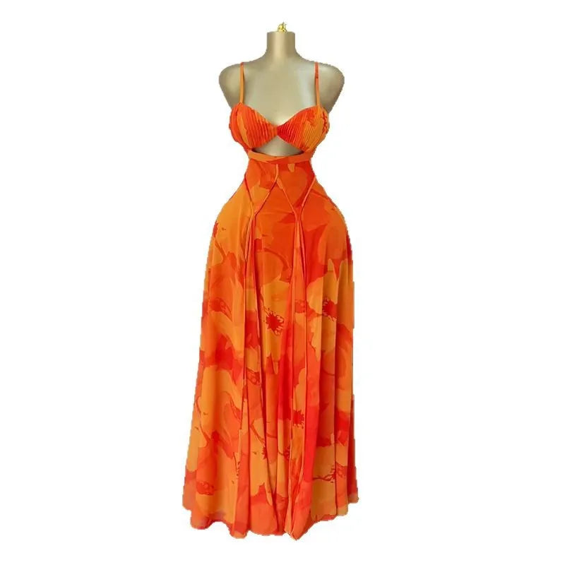 Floral Printed Strap Backless Bra Front Big Swing Maxi  Dress