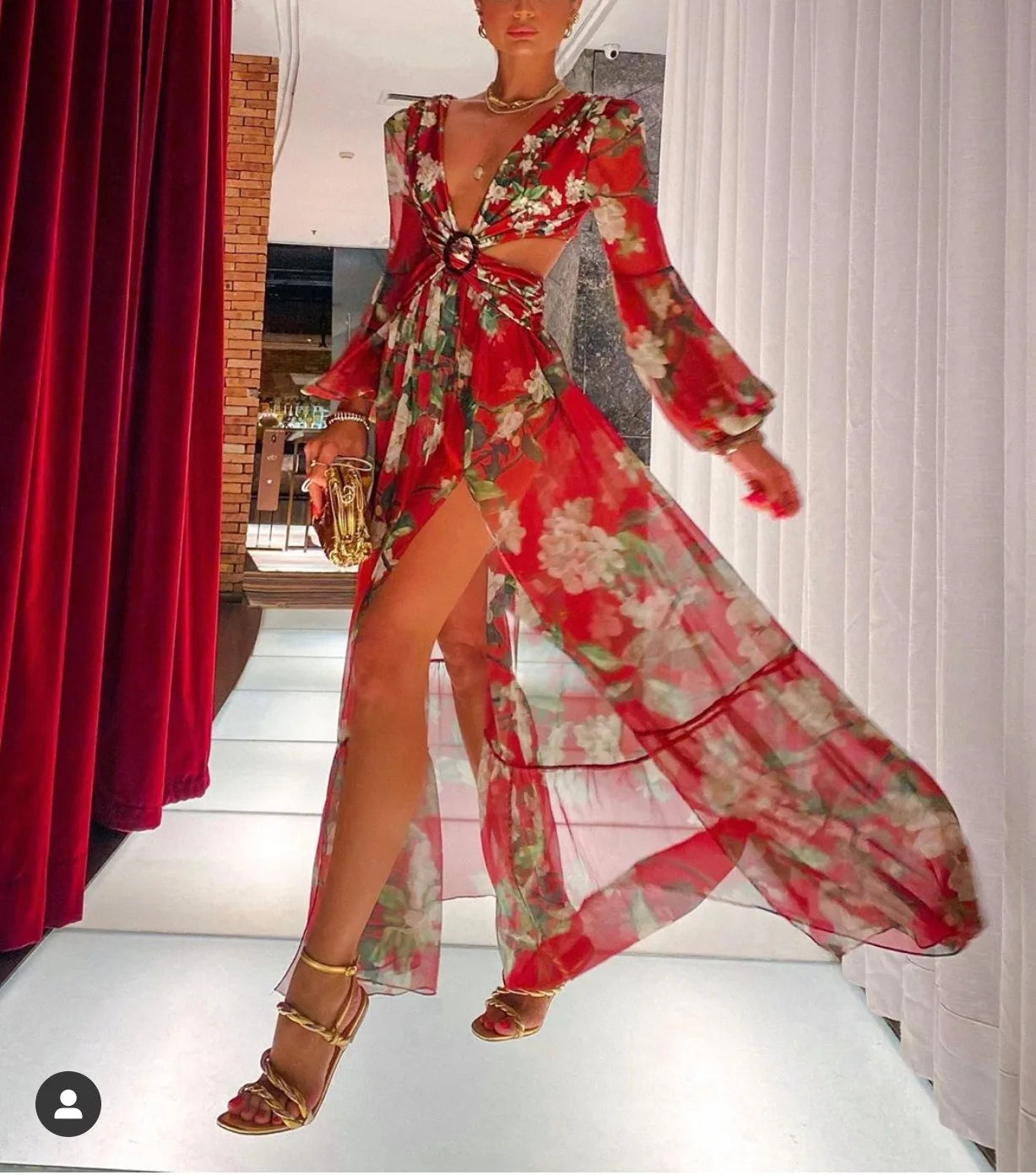 European and American Fashion sexy Printed Lantern Long Sleeved V-neck Slit Dress