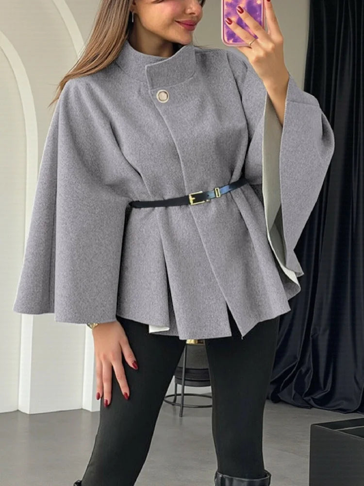 Elegant Woolen Cape Coat for Women – Belted, Fitted Waist, Winter Chic One-Piece