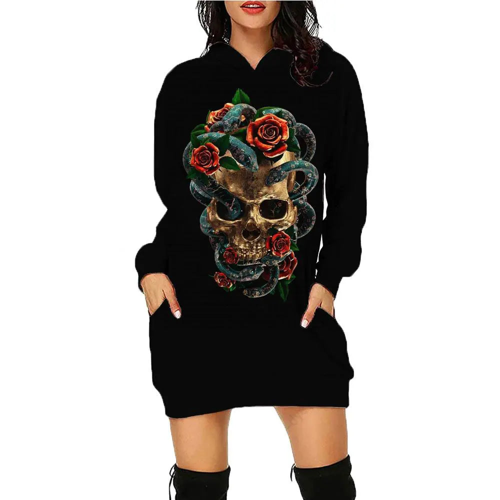 New 3D Print Skull Long sleeved Pullover Fashion Mid length Hoodie Dress