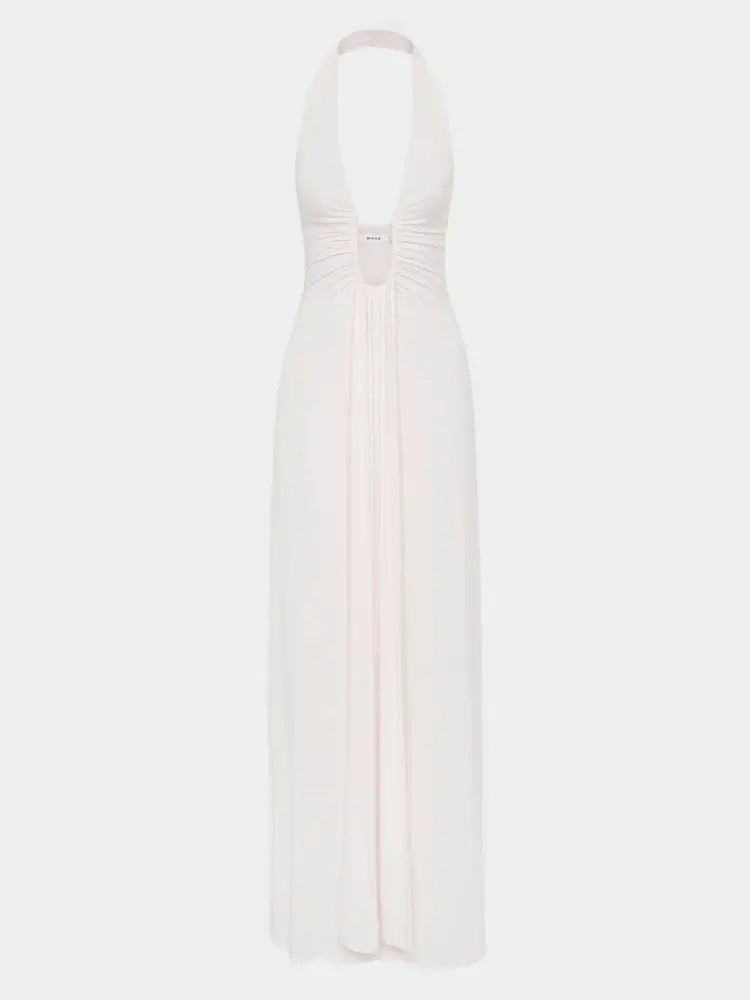 Summer Fashion V-Neck High Waist Backless Slim Pleated Solid Elegant Party Dress