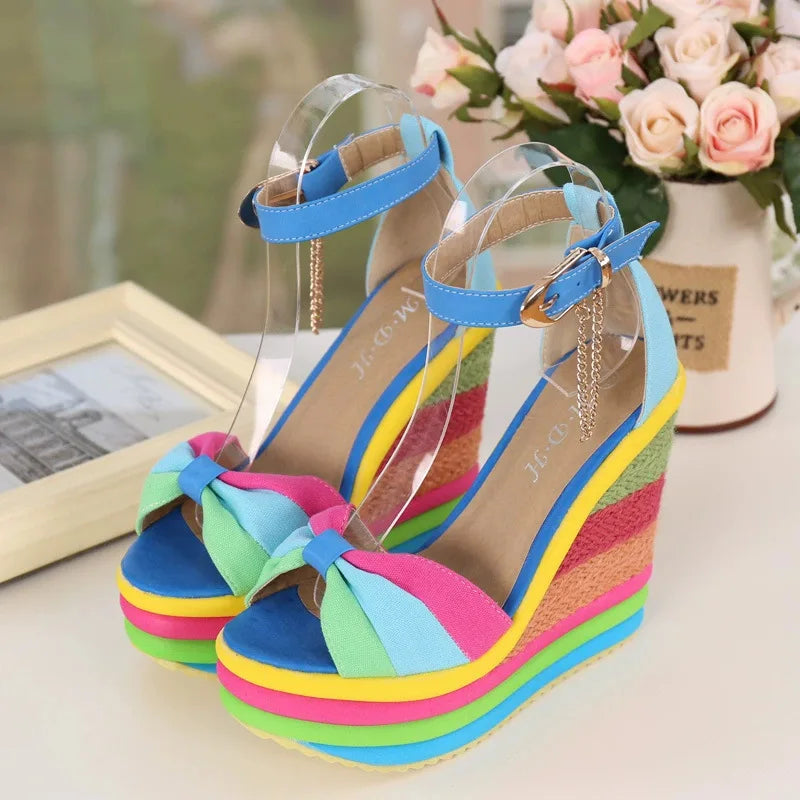 Plus Size Rainbow Wedge Sandals for Women (EU 33–43) – Colorful Platform Bowknot Summer Shoes